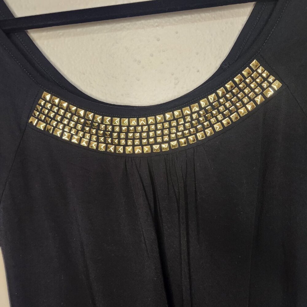 ⭐ Michael Kors Large Black Gold Embellished Neck Dolman Tunic Top Shirt ⭐ - Picture 3 of 9